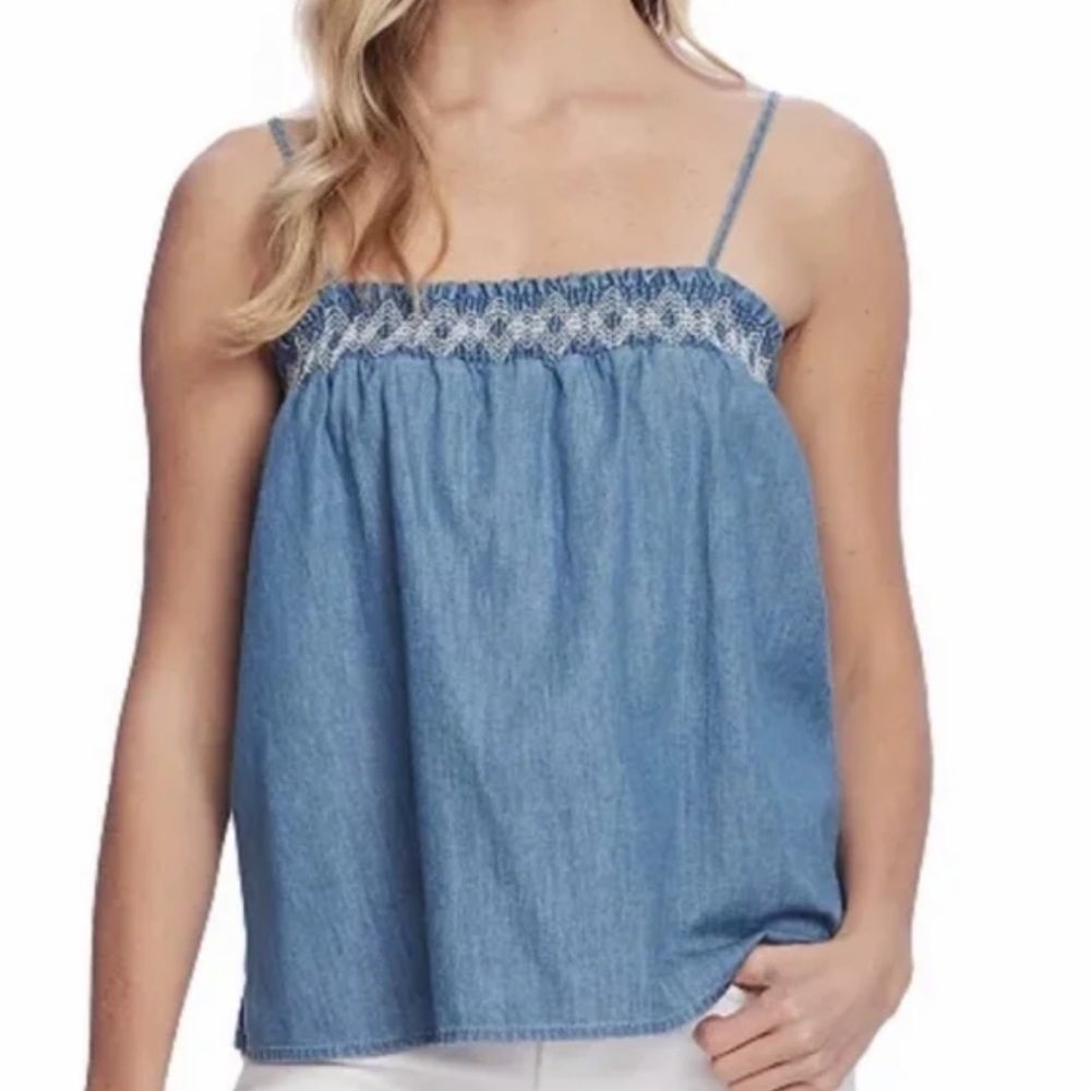 Vince Camuto Summer Bloom Chambray Embroidered Tank Top Size XL